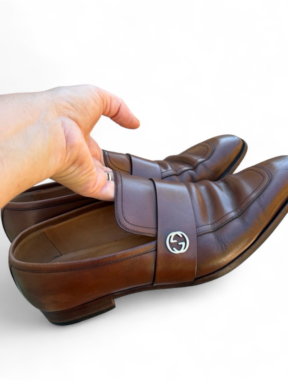 Gucci Brown Leather Logo Loafers Size 9 Fits US Men’s 10 Made in Italy